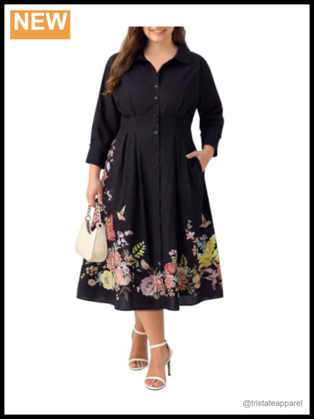 Plus Size Long Sleeve Maxi Dress Collared Button Front Floral Hem Casual